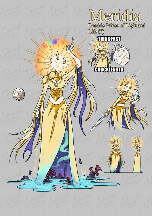 My redesign of Meridia from The Elder Scrolls. She looks like a silhouette of anthropomorphic slender woman with glowing, bright white skin. On the place where head is supposed to be, she has a bright star, crowned with three gold coloured gemstones. The